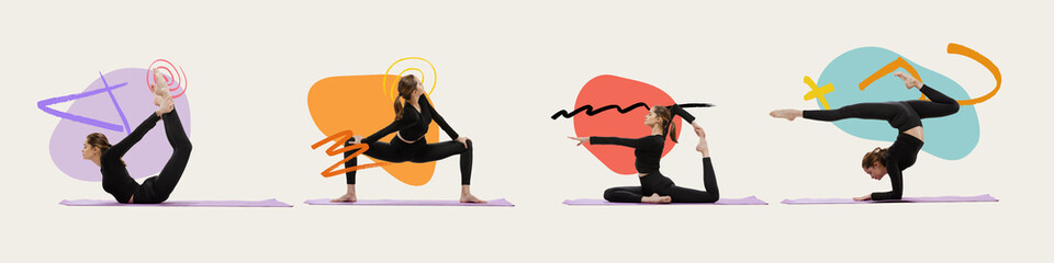 Sportive girl doing stretching exercises. Contemporary art collage, poster. Concept of creativity, action, energy, sport, competition and ad.