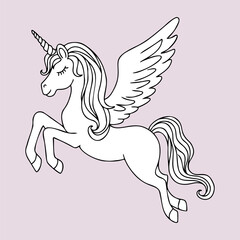 Hand-drawn magical unicorn for coloring.