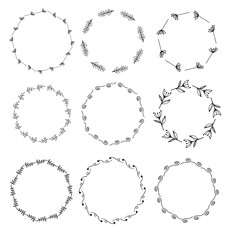 Set of round floral frames for wedding invitations or party. Hand drawn circle herbal vector frames for postcard

