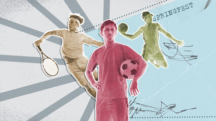 Retro style poster with portrait of athletes, football, tennis and basketball players. Contemporary...