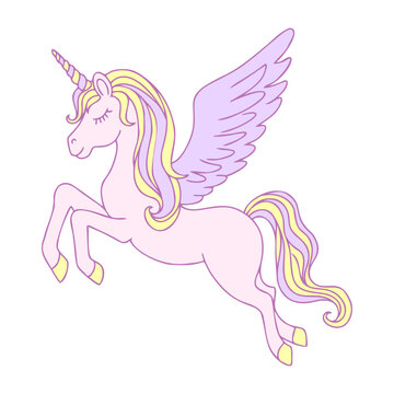 Hand-drawn flying magical unicorn with a heart.