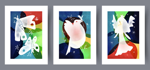 Animal butterflies surrealistic birds wall art print. Printable minimal abstract poster. Wall artwork for interior design. Contemporary decorative background. 