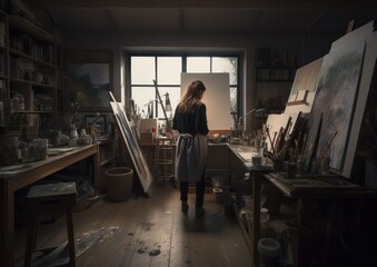 Obraz na płótnie Canvas Back view of a female painter at her artist studio. Generative AI.