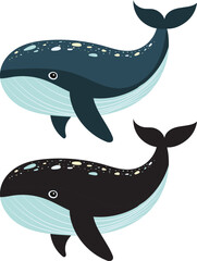 blue whale on white background with silhouette isolated, vector