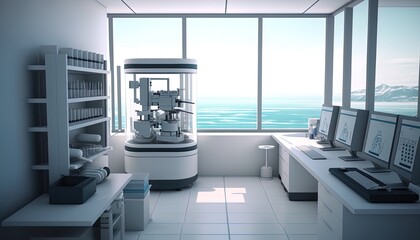 Scientific, research laboratory, pharma, biotech lab interior, sea, ocean view, marine biology, biochemistry, AI generative