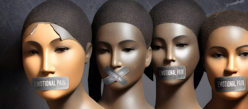 Emotional pain and silenced women of color.  Women statues with taped lips as a symbol of limiting and suppressing the freedom of speech,3d illustration