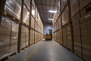 Forklift truck, pallets and packed boxes in industrial warehouse, AI generative