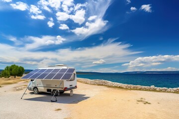 Portable Solar Panel and Battery Powered Camper Van on a seashore, AI Generative