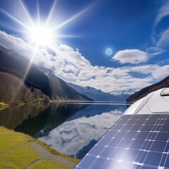 Portable Solar Panel and Battery Powered Camper Van in mountains, AI Generative
