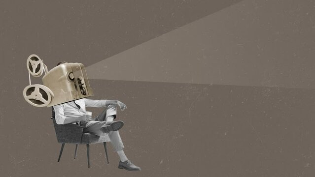 Stop motion, animation. Creative design. Movie time. Retro film player on male body sitting on chair and broadcasting movie. Concept of surrealism, creativity, retro style, imagination