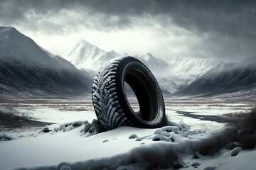 snowy landscape mountains snow tires. AI generated
