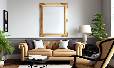 Frame mockup empty blank on white wall, vintage retro sofa in daylight. Generative AI