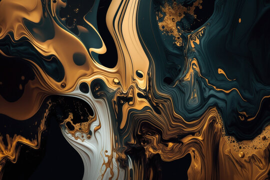 Beautiful mesmerizing gold golden abstract fluid background wallpaper texture. Yellow liquid gold motion flow pattern. Ai generated