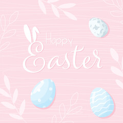 Happy Easter banner, poster, greeting card. Trendy Easter design with typography, floral elements eggs, bunny ears in pastel colors. Modern minimal style