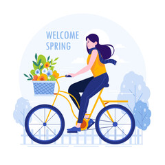 Cycling woman carrying flowers in spring flat illustration