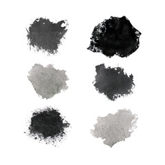 A set of black and grey paint stains with a black spot. Watercolor hand drawing brush set