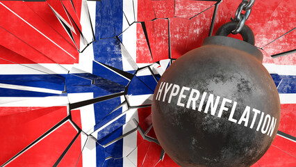 Norway and Hyperinflation that destroys the country and wrecks the economy. Hyperinflation as a force causing possible future decline of the nation,3d illustration