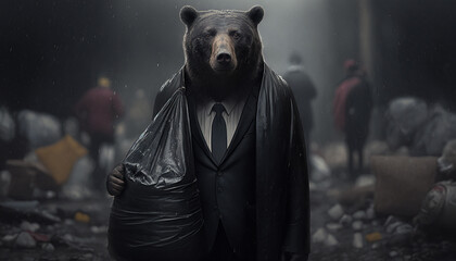 A bear in a suit holding a garbage bag stands among piles of plastic waste looking for food and shelter, Concept of saving the world. Generative AI.