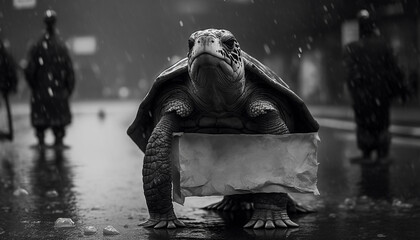A turtle standing among the piles of plastic waste and the rain,Concept of saving the world. Generative AI.