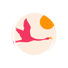 Cute logo or icon vector with pink flying flamingo silhouette and sun  illustration on circle with brush texture, for social media story and highlights