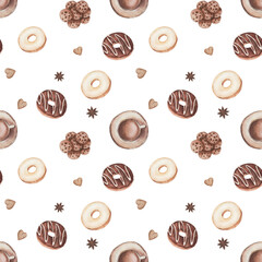 Watercolor seamless pattern. Hand painted illustration of donuts with white icing and brown chocolate. Cup of coffee, cookies, anise star, doughnut. Dessert sweet food. Print on white background