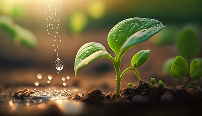 young plant with drop of water in sunlight, Growing plant grow up, Generative ai - obrazy, fototapety, plakaty