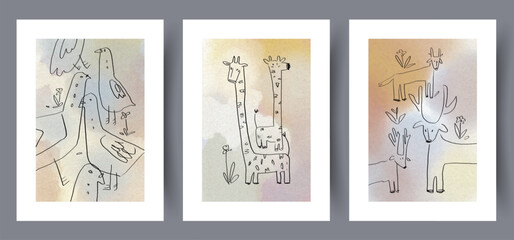 Animal giraffes birds goats wall art print. Printable minimal abstract poster. Wall artwork for interior design. Contemporary decorative background. 