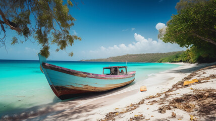 Beautiful caribbean sea and boat on the shore of exotic tropical island, panoramic view from the beach - obrazy, fototapety, plakaty
