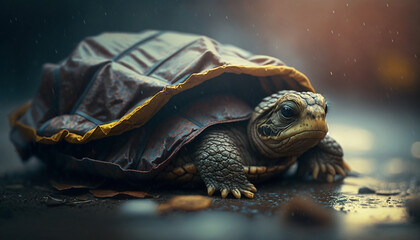 Plakat A turtle sleeps among the piles of plastic waste and the rain. concept of saving the world. Generative AI.