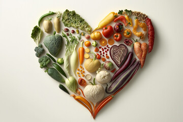 Vegetables in a Heart Shape. Heart shaped healthy vegetables. Vegetarian diet, healthy vegetables, love for veggies concept. Ai generated