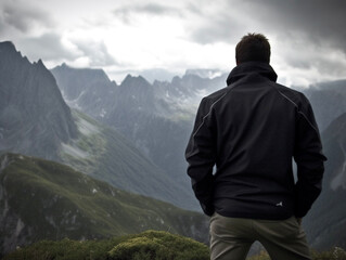 Fototapeta na wymiar A man standing with his back to mountains
