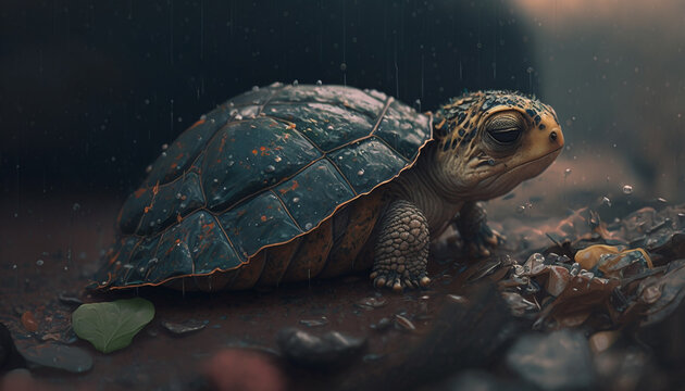 A turtle sleeps among the piles of plastic waste and the rain. concept of saving the world. Generative AI.