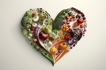 Vegetables in a Heart Shape. Heart shaped healthy vegetables. Vegetarian diet, healthy vegetables, love for veggies concept. Ai generated