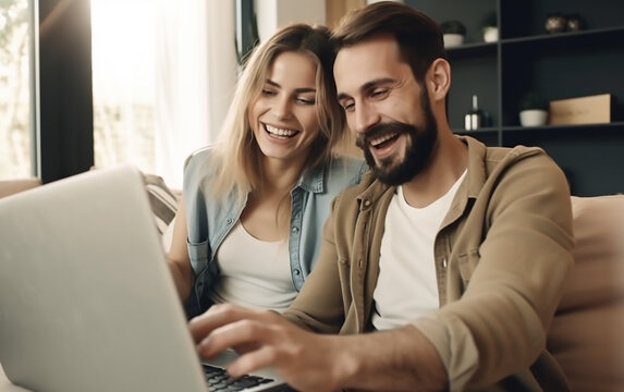 A woman and her husband use a laptop at home for online orders. Smiling couple looking at a laptop screen, enjoying shared digital entertainment in a cozy setting.