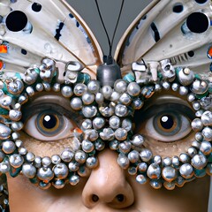 Okulary, oprawki z koralików perłowych za skrzydłami motyla, męska twarz, wyraźne oczy. Ilustracja, obraz, abstrakcja. Wygenerowane przy pomocy AI - obrazy, fototapety, plakaty