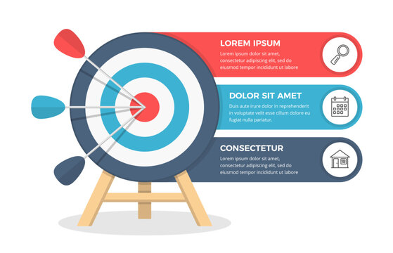 Red target with 3 elements for text and icons, infographic template, 3 steps to success