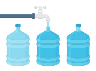 Tap filling big plastic bottles with drinking water