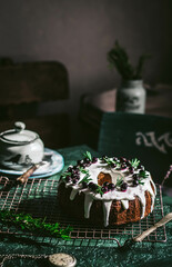 Berry pound cake on a green background.