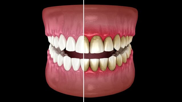 Teeth whitening before and cleaning. Dental 3D animation