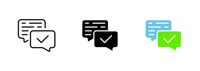An icon of a message or envelope with a checkmark, indicating that the message has been successfully sent or delivered. Vector set of icons in line, black and colorful styles isolated.