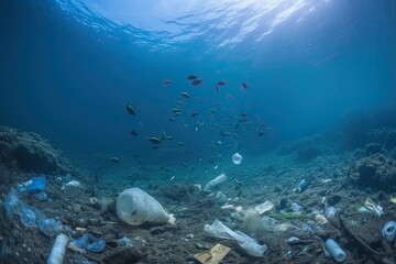 Plastic Trash & Garbage Underwater in the Ocean. Generative AI.