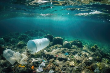 Plastic Trash & Garbage Underwater in the Ocean. Generative AI.