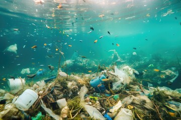 Plastic Trash & Garbage Underwater in the Ocean. Generative AI.