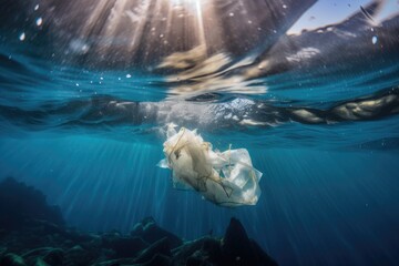 Plastic Trash & Garbage Underwater in the Ocean. Generative AI.