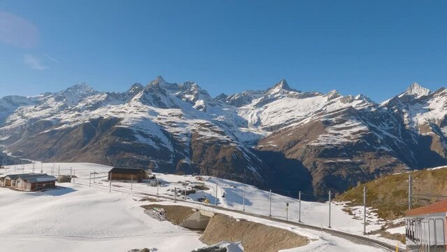 POV - Riding on Gornergrat Train Reveals Famous Matterhorn Mountain Landscape. Beautiful Slow Motion Shot