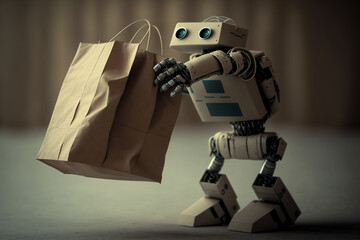 Robot holding shopping bags. Artificial inteligence robot, smart robot helping humans with shopping bags. Ai generated