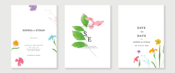 Luxury wedding invitation card background vector. Minimal hand painted watercolor botanical flowers texture template background. Design illustration for wedding and vip cover template, banner, poster.