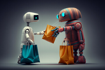 Naklejka premium Robot holding shopping bags. Artificial inteligence robot, smart robot helping humans with shopping bags. Ai generated