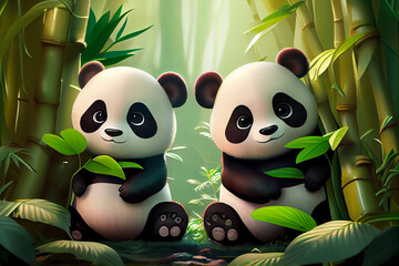 Cute adorable kawaii pandas living in the bamboo forest. Greeting cartoon card