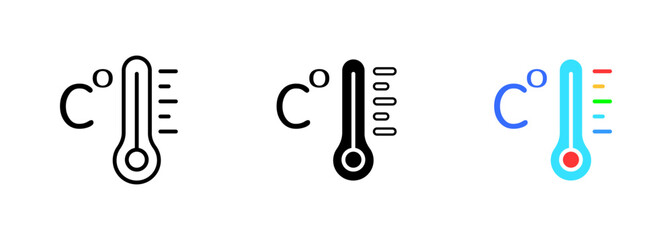 A thermometer with the Celsius degree symbol displaying the current temperature. Vector set of icons in line, black and colorful styles isolated.